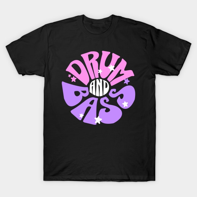 DRUM AND BASS  - Y2K Font Flower (white/pink/purple) T-Shirt by DISCOTHREADZ 